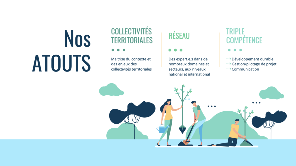 NOS ATOUTS :
-	Collectivités territoriales : maitrise du contexte et des enjeux des collectivités territoriales
-	Réseau : des expert.e.s dans de nombreux domaines et secteurs, aux niveaux national et international
-	Triple compétence : 
o	Développement durable
o	Gestion et pilotage de projet
o	Communication